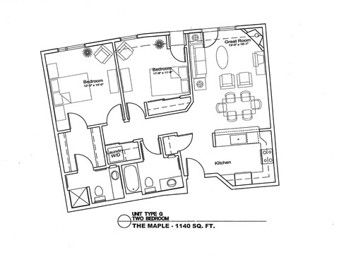 A black and white image of a floor plan for a two bedroom unit.